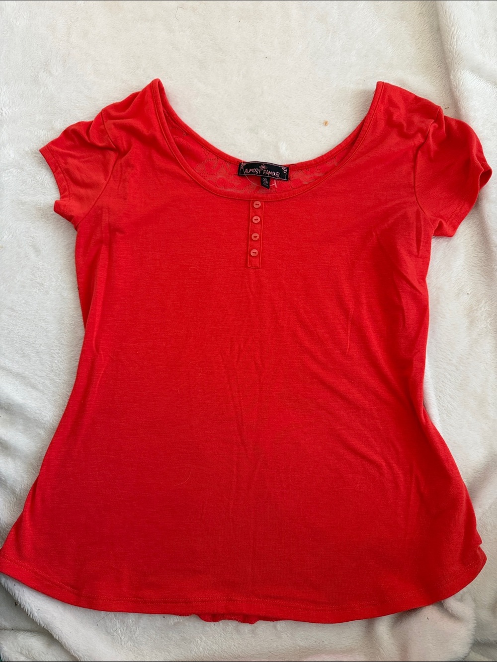 Almost Famous Red Scoop Neck Short Sleeve Tee with Front Button Placket